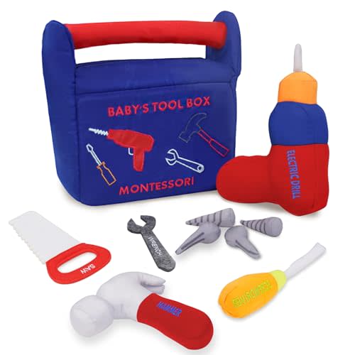 My First Tool Box Baby, 10-Piece Soft Plush Sensory Baby Tool Playset, with Electric Drill, Saw, Wrench, Hammer, Screwdriver and Screws for Early Montessori Education and Boy & Girl Toy Gift (Blue)