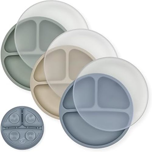 Hippypotamus Toddler Plates with Suction - 100% Food-Grade Silicone Baby Plates with Lids - Microwave & Dishwasher Safe - BPA Free - Set of 3 (Fog/Nude/Sage with LIDS)