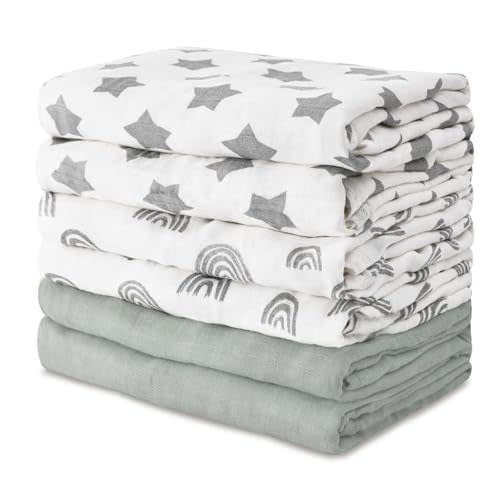 GLLQUEN BABY Receiving Blanket Boy Cotton Muslin Swaddle Blankets Girl Newborn Squares Breathable & Soft Thin Baby Blankets Cloths Double Absorbent Infant Swaddling Wrap - 6 Pack (Star)