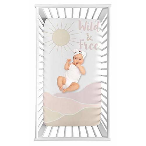 Sweet Jojo Designs Boho Desert Sun Girl Fitted Crib Sheet Baby or Toddler Bed Nursery Photo Op - Blush Pink Mauve Gold Taupe Bohemian Watercolor Mountains Southwest Nature Minimalist Wild and Free