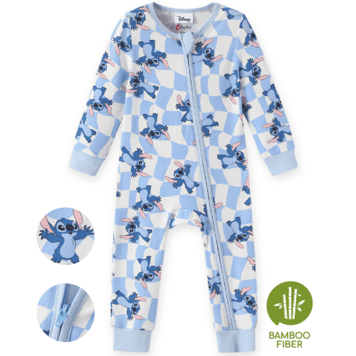 Disney Stitch Baby Girl Boy Romper Jumpsuits Bamboo Viscose Zip Graphic Checkerboard One Piece Shower Gift Newborn 0-3 Months