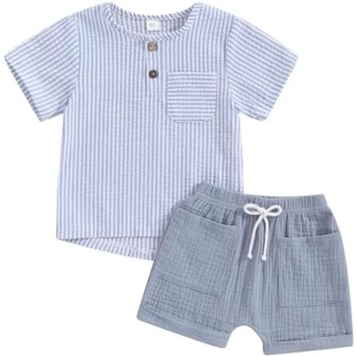 fhutpw Baby Boy Summer Outfits Henley Shirt Soft Pocket Short Sleeve Tops & Shorts Sets Infant 3 6 12 18 Months 2T Clothes