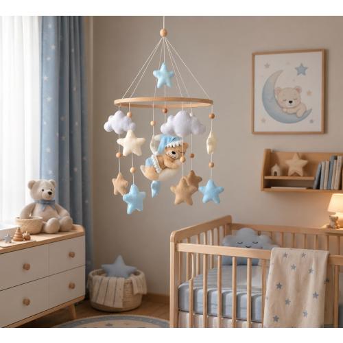 Bear Moon Baby Blue Mobile, Felt Mobiles, Nursery Mobile, Cloud Clasroom Decor, Post Partum Gift, Christening Gift, Organic Nursery Mobile