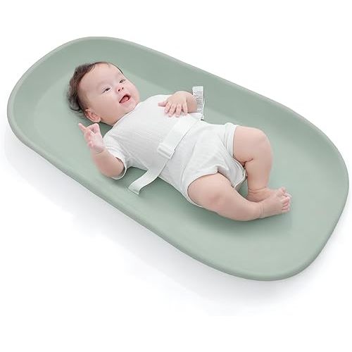 Waterproof Baby Changing Pad in EVA Foam, Wipeable & Quick Clean, Light & Portable, Adjustable Safety Belt & Non-Slip Base, for Diaper/Clothes Changes & Massage, Fits Dresser/Changing Table - Sage