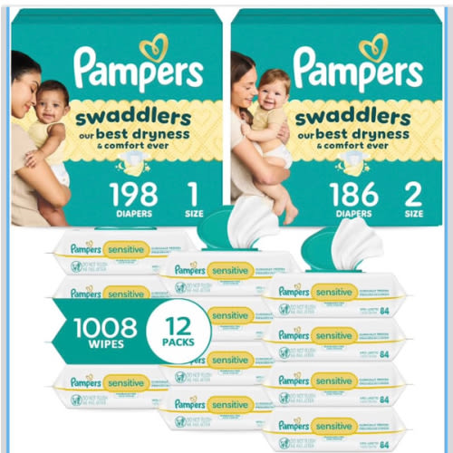 Pampers Swaddlers Diapers Starter Kit:  Sizes 1 (198 Count) & 2 (186 Count) +  Sensitive Wipes 12 Pack ( 1008 Count)