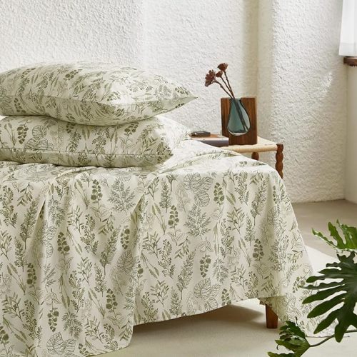 Wake In Cloud - Botanical Bed Sheets, 4-Piece Sheet Set, Floral Shabby Chic Leaves Pattern Printed Coquette Vintage Aesthetic Bedding, Deep Pocket, Olive Green, Twin Size
