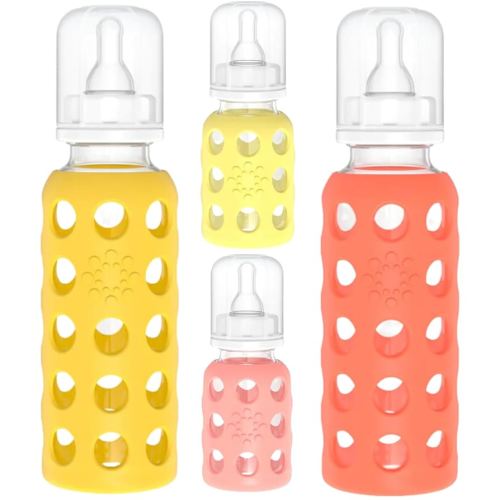 Lifefactory Glass Baby Bottles with Silicone Protection - 4-PACK, 4 oz/9 oz Bottles, (1- Banana, 1- Mango, 1- Cantaloupe & 1- Papaya)