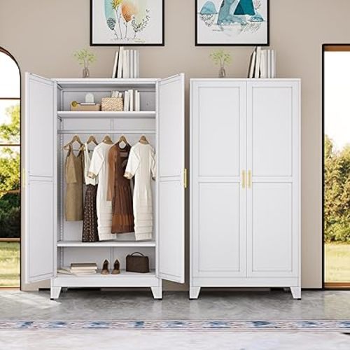 71 "Metal Armoire Wardrobe Closet, Steel Clothing Storage Cabinet with Adjustable Shelves and Hanging Rod, Household Steel Wardrobe Storage Cabinet with Adjustable Standing feet (White)