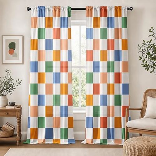 Colorful Checkered Curtains for Bedroom,Rod Pocket 60s 70s Semi Sheer Curtains Farmhouse Retro Checkerboard Light Filtering Drapes for Living Room,Set of 2 Window Curtain Panels,52 x 84 Inch