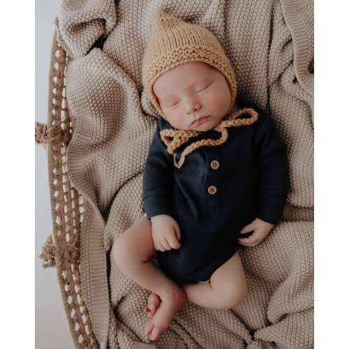 RTS Newborn hand knit bonnet in beige/ unique and cute hat for baby/ pixie hat/ photo prop