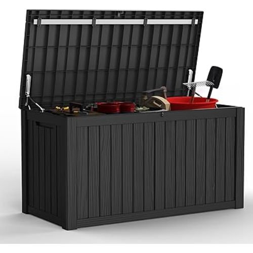 Mars Villa Deck Box, Waterproof and Weatherproof Large Resin Storage Bin with Lockable Lid, Ideal for, Outdoor, Patio Furniture Cushions, Pool Supplies, Garden Tools (150 Gallon, Black)