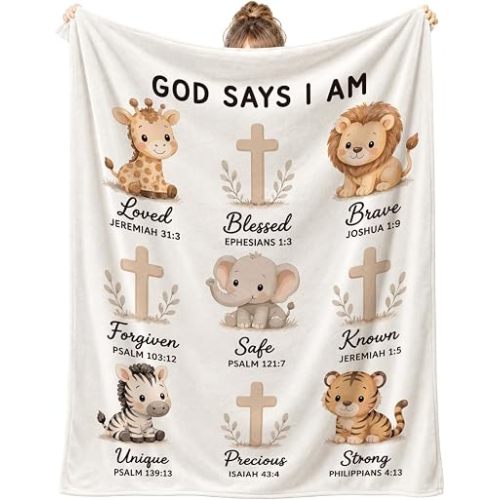 Christian Gifts for Boys Girls, God Says I Am Safari Animal Blanket 40"x50", Bible Verse Flannel Throw, Baptism Christening, Nursery (God Says 01)