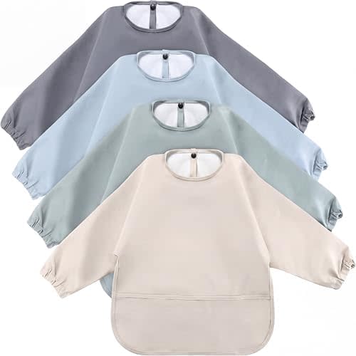 4 Pack Long Sleeve Baby Bibs Waterproof Smock Bid with Elastic Cuffs Large Pocket for Baby Eating Feeding 6-36 Months