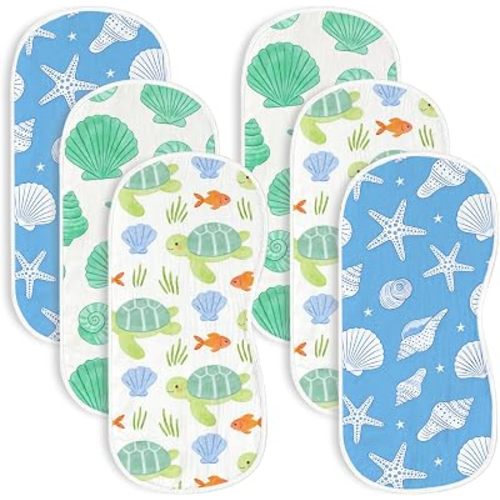 6pcs Seashell Burp Cloths for Baby Boys Girls Parent,100% Cotton Seastar Sea Turtle Ocean Design Burp Rags,Muslin Burping Cloths Absorbent Spit-Up Cloth for Infant Newborns