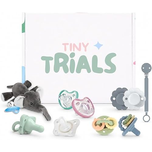 Pacifier Trial Pack Variety Box for Newborns 0–6 Months – 9 BPA-Free Silicone Baby Pacifiers + Pacifier Clip (Dr Brown's, Nuby, Dr. Talbot’s, Chicco, Suavinex) – Baby Registry Must-Have, Tiny Trials