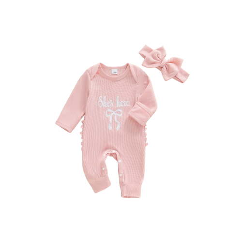 BemeyourBBs Shes Here Baby Girls Spring Fall Winter Clothes Newborn Baby Girl Hospital Going Home Outfit Waffled Romper Bow Letter Print Long Sleeve One Piece Jumpsuit with Headband