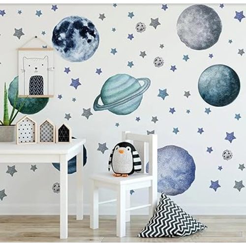 Planets and Stars Wall Decals, Removable Solar System Wall Stickers, Space Wall Décor, Peel and Stick Universe Art Mural Vinyl Sticker for Kids Boys Bedroom Nursery Decoration