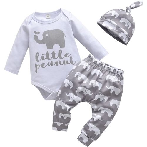 Kulcerry Newborn Baby Boy Clothes Little Peanut Printed Bodysuit + Elephant Pants + Hat Infant 3 PCS Outfits Set