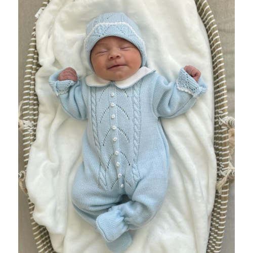 Delicate Openwork Espiga Knit Romper in Sky Blue