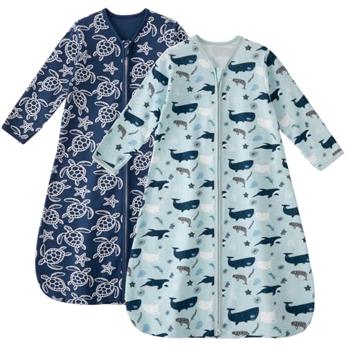 Unnivoll Baby Sleep Sack 0-6 Months 100% Cotton Long Sleeve Wearable Blanket Baby Sleep Bag with 2-Way Zipper 2 Pack 0.5 Tog Sleeping Sack for Newborn Infant Blue Turtle