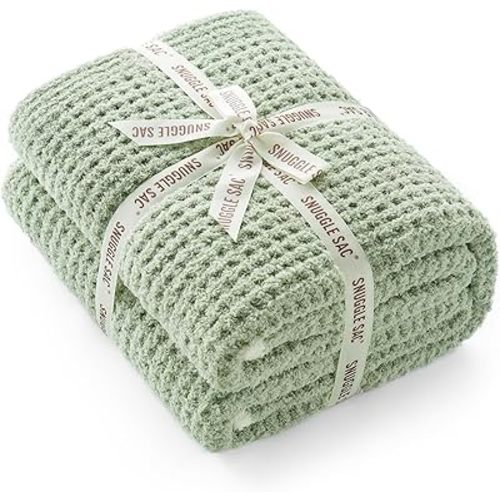 Snuggle Sac Ultra Soft Waffle Throw Blanket for Couch Bed Sofa 50x60 inches, Reversible Sage Green Blanket Microfiber Fluffy Fuzzy Cozy Knit Throws for Women Mothers Birthday Gifts