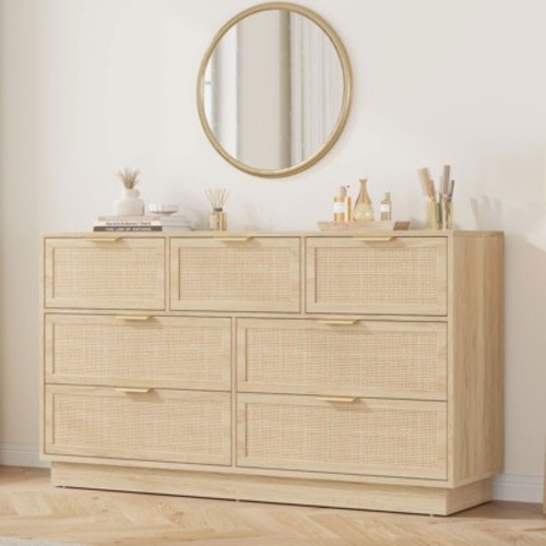 Rattan 7 Drawer Dresser, 55in Wide Natural Oak 7 Chest of Drawers with Metal Handles and Wooden Sturdy Base for Bedroom Living Room Nursery