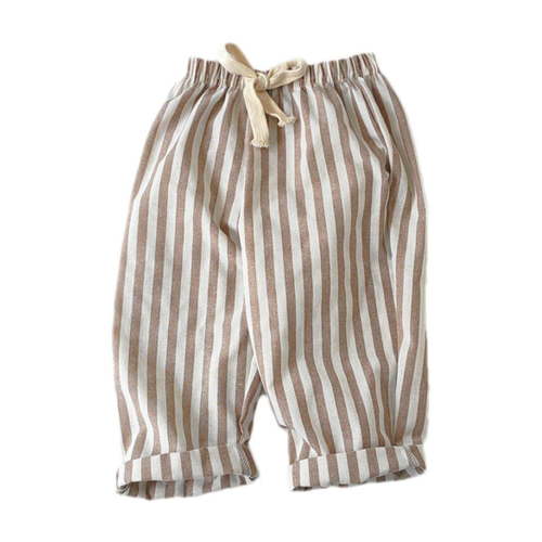 FAIWAD Unisex Boys Girls Striped Cotton Linen Pants Drawstring Baggy Roll Hem Trousers Casual Lightweight Clothes