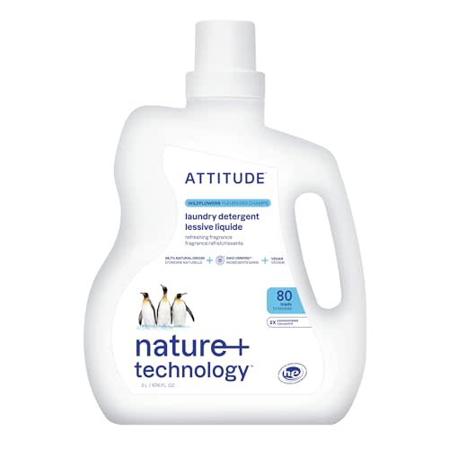 ATTITUDE Liquid Laundry Detergent, EWG Verified, HE Compatible, Plant-Based & Vegan, Natural Laundry Soap, Wildflowers, 80 Loads, 67.6 Fl Oz