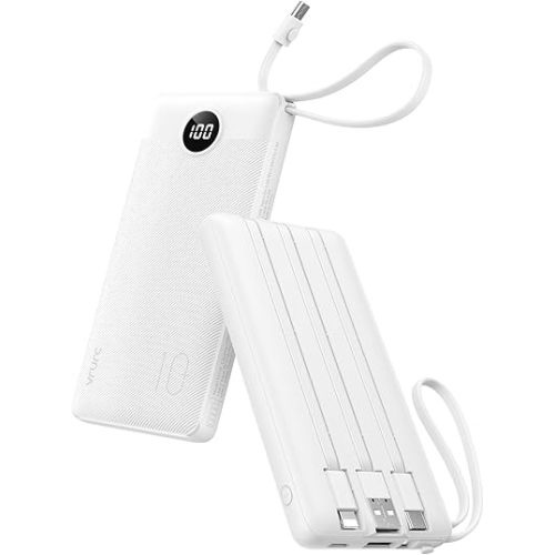 VRURC Portable Charger Power Bank, USB C Battery Pack 10000mAh,5 Outputs 2 Inputs Pocket Travel Charging Bank Built-in Cables for iPhone 17 Pro 17 16 15 14 13,Samsung,Android-White(1 Pack)
