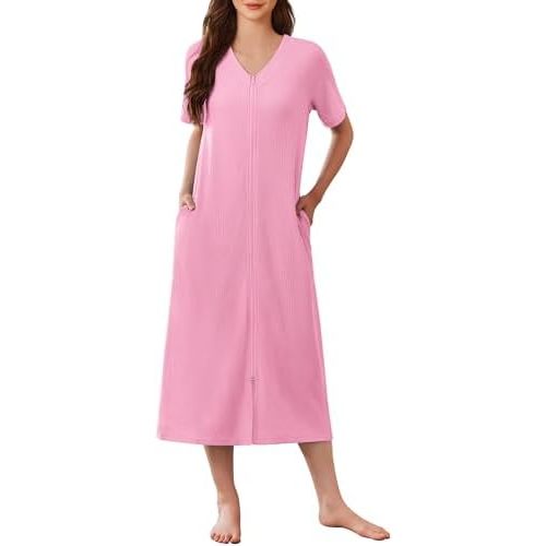 Ekouaer Zip Up Robe for Women Long Housecoat Waffle Knit Bathrobes Cozy Full Length Nightgown with Pockets S-4XL