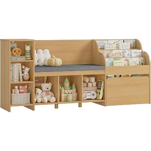 HOSTACK 67" W Kids Reading Nook with Toy Storage Organizer, Large Kids Bookshelf with Toy Storage Box on Wheels, Big Kid Bookcase with Bench and 6 Open Cubbies for Playroom, Kid Room, Natural Oak