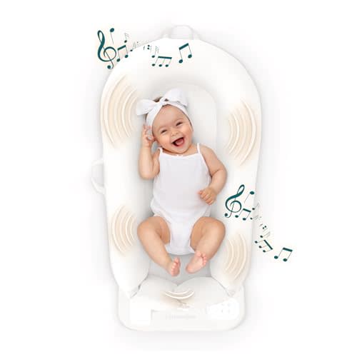 MyBaby 3-in-1 Calming Baby Cushion, Soothing Comfort for Newborns & Infants | Snuggling Sensation, Sound and Vibration, Designed for Safety, Rechargeable & Machine-Washable, by Homedics, White