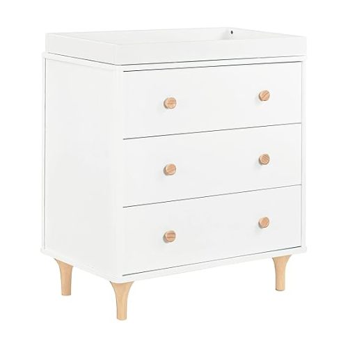 Babyletto Lolly 3-Drawer Changer Dresser with Removable Changing Tray in White and Natural, Greenguard Gold Certified | GREENGUARD Gold Certified Baby Dresser w/ 3 Spacious Smooth-Glide Drawers & Removable Changing Tray - Anti-Tip Kit Included