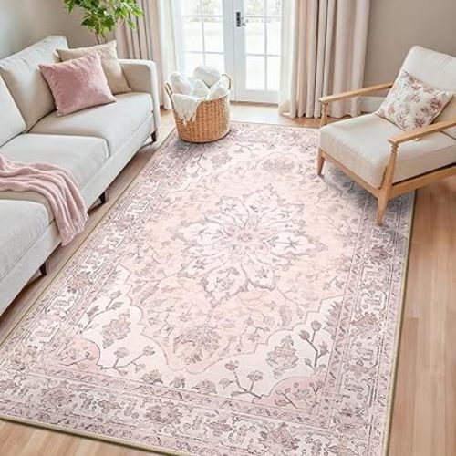 Area Rugs 5'x8' Washable Non-Slip, Floral Vintage Distress Print Pattern Medallion Carpet for Living Room Bedroom Dining Room, Pink Greypink Cute