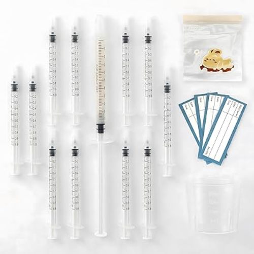 50 Sets 1mL Colostrum Collector Kit with Caps, Individually Wrapped Precision Liquid Syringes, Includes 20mL Measuring Cup, 5 Storage Bags and 50 Labels for Home Storage
