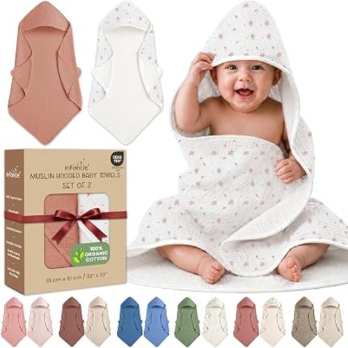 100% Organic Cotton 2 PK Muslin Baby Hooded Towels Newborn 32x32in