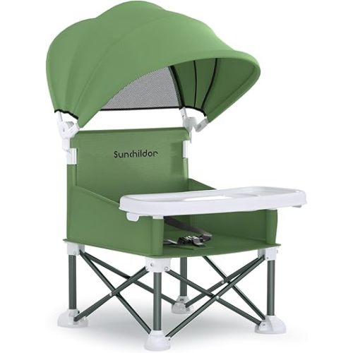 Portable Baby Booster Seat with Removable Tray & Canopy - 3 Point Safety Harness, Compact Fold for Travel, Indoor Outdoor Use for Infants & Toddlers, Green