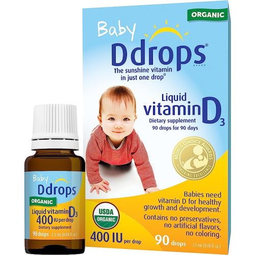 Ddrops Organic Baby 400 IU 90 Drops - Daily Vitamin D Liquid for Infants. Supports Teeth & Bone Health. No Preservatives, No Sugar, Non-GMO, Allergy-Friendly - 0.08 Fl Oz (Pack of 1)