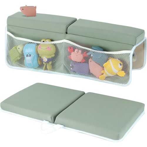 Baby Bath Kneeler and Elbow Rest Pad Set, 1.5 Inch Thick Memory Foam Soft Bath Kneeler with Bath Toys Organizer, Non-Slip, Quick-Dry, Foldable Kneeling Mat, Ideal Gift for Parents, Gray