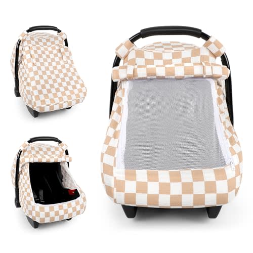 DILIMI Car Seat Covers for Babies, Muslin Cotton Baby Car Seat Cover with Breathable Mesh Window, Summer Infant Car Seat Canopy for Boys Girls Newborn, Brown Checkered