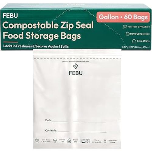 FEBU Gallon Compostable Food Storage Bags, 60 Count | Certified Home Compostable & Biodegradable | PFAS & BPA Free Zipper Bags | Leak-Proof & Resealable | 10.56” x 10.75”