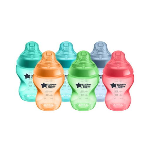 Tommee Tippee Natural Start Anti-Colic Colorful Baby Bottles, 9oz, 0 month+, Slow-Flow Breast-Like Nipple for a Natural Latch, Anti-Colic Valve, Fiesta, Pack of 6