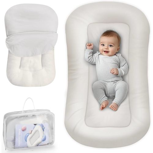 Baby Lounger - Baby Lounger for Newborn, 0-24 Months, Infant Lounger for Home and Travel, Soft Cotton, Baby Nest Lounger, Newborn Babies Essentials Gifts, White (Lounger Cover Included)