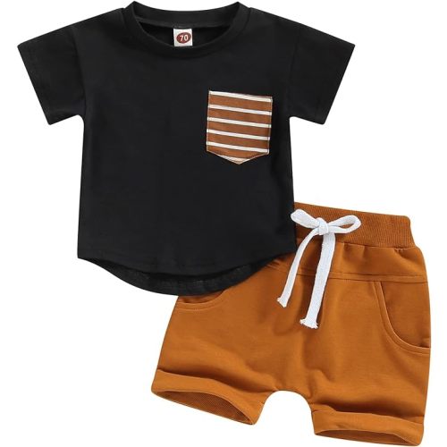Rtnnsbbfcm Newborn Baby Boy Summer Clothes Short Sleeve Color Block Front Pocket T-Shirt Top Shorts 2Pcs Casual Outfit