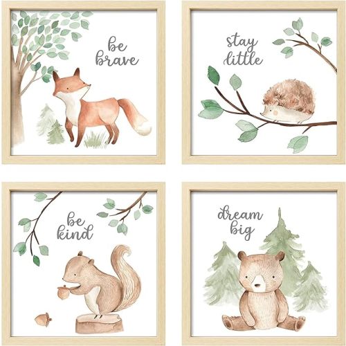 ArtbyHannah Framed Woodland Nursery Wall Decor, 10x10 Inch Cute Baby Safari Wall Art, Green Kids Art Frame with Forest Animals Prints for Playroom Classroom Bathroom Baby Shower Decoration(4 Pack)
