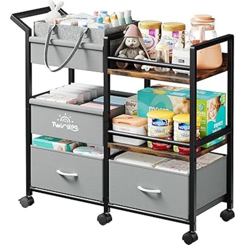 Baby Diaper Caddy Organizer, 3 Tier Rolling Storage Cart with Dividers and Drawers, Bedside Utility Cart for Nursery Essentials, Large Capacity Mobile Storage Cart for Crib, Bedroom