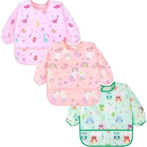 Accmor 3 Pack Long Sleeve Bibs, Baby Smock Waterproof Sleeved Bib Smock for Baby Toddler 6-36 Months