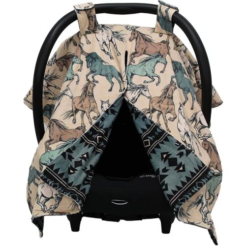 Dear Baby Gear Car Seat Cover for Boys & Girls - Baby Carseat Canopy w/Snap Opening - Infant Seat Cover - Stroller & Nursing Covers - Newborn Carrier Canopy -40x30"(Tan Teal Cream Horses, Aztec Teal)