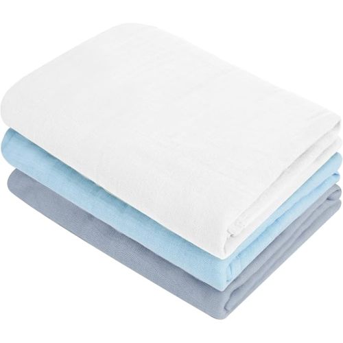 MIGIOL swaddles for Newborns Muslin Swaddle Blankets Baby Essentials for Newborn 47 X 47inches 3 Packs Receiving Blankets(White & Blue 3 Pieces)