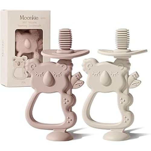 Moonkie Teething Toy Set of 2, Safe & Easy to Hold BPA Free Silicone Teethers, 360° Baby Toothbrush with Suction Base, Teether Toys Best for Babies 6-12 Months (Koala Blush/Shifting Sand)